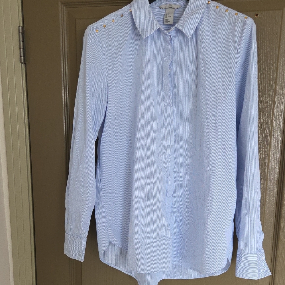 H&M Woman Blue Striped Button Down Shirt With Gold Studded Details